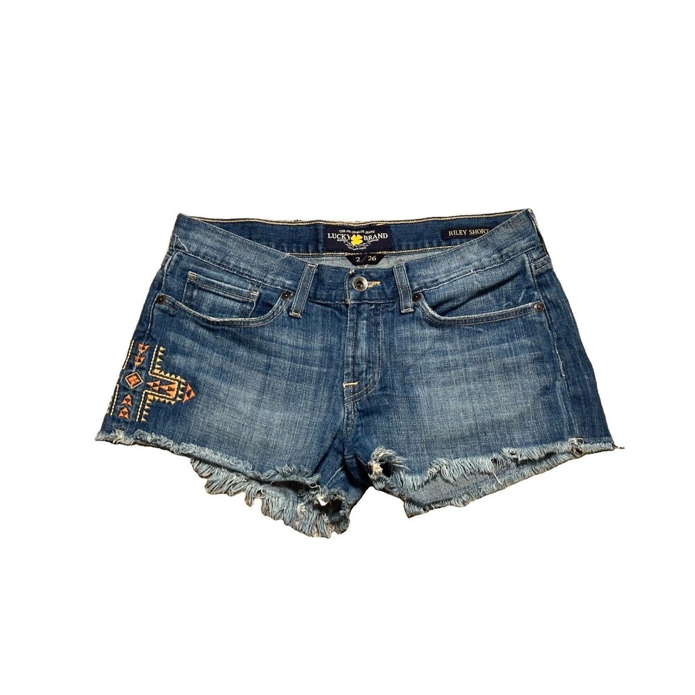 Lucky Brand Aztec Jean Shorts Womens Size 2 Blue Denim Riley Raw Hem Embroidered